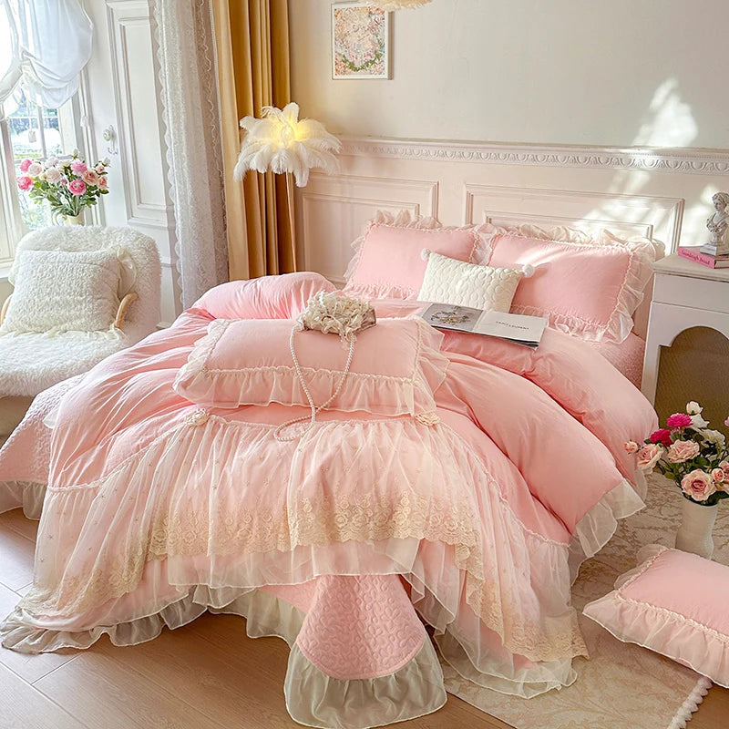 2025 French high-end bed cover washed cotton four-piece set skin-friendly washed