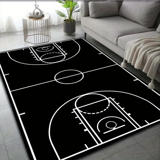 1pc Black Basketball Court Pattern Printed Floor Rug Bohemian Carpet