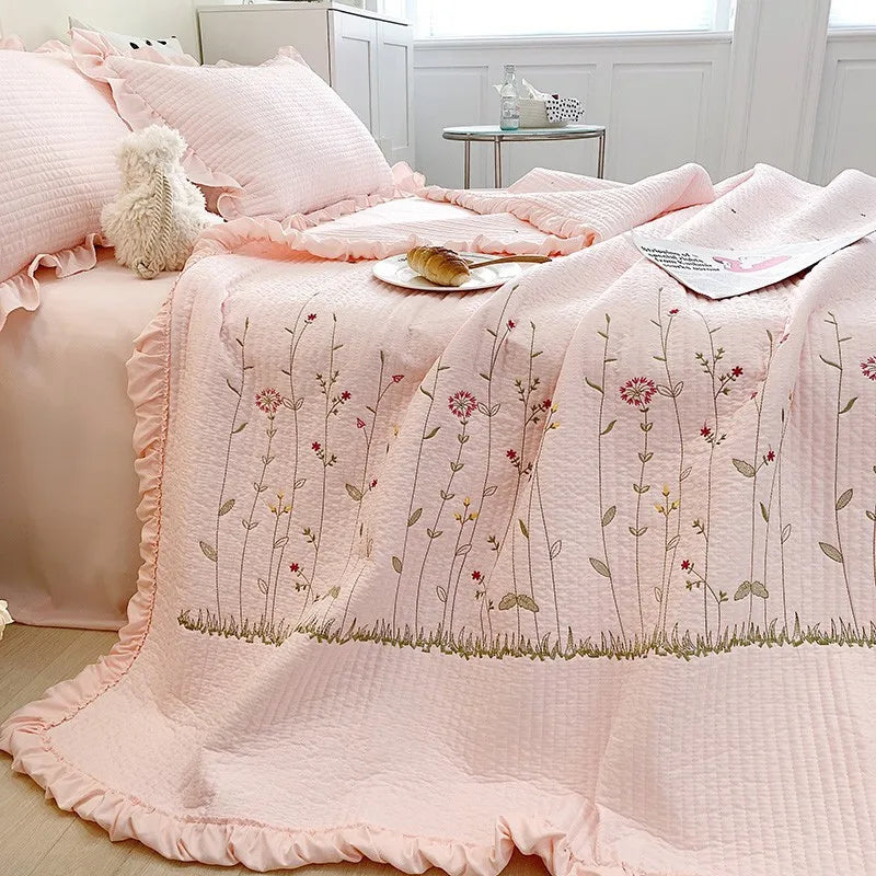 New Chiffon Summer Quilt Set Quilted Girl Heart Washed Cotton Ruffled Double Bed Cover