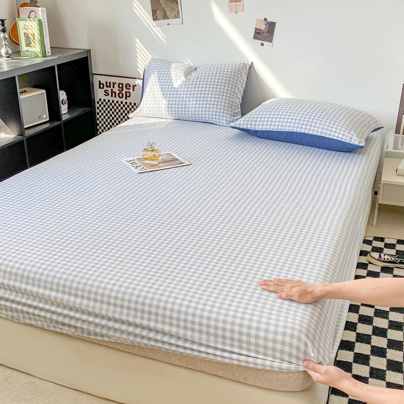 Plaid Style Fitted Sheet Skin-friendly Bed Cover Elastic Bedsheet