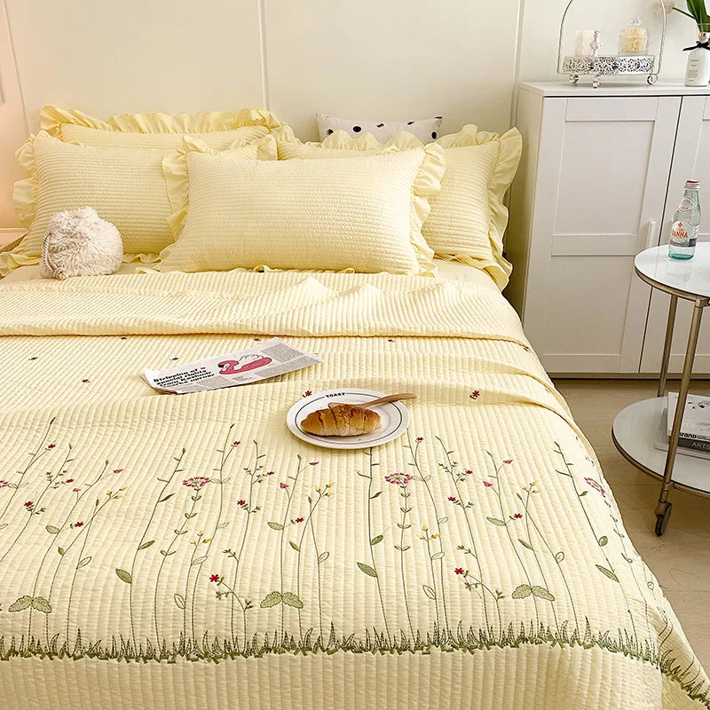 New Chiffon Summer Quilt Set Quilted Girl Heart Washed Cotton Ruffled Double Bed Cover