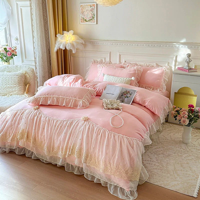 2025 French high-end bed cover washed cotton four-piece set skin-friendly washed