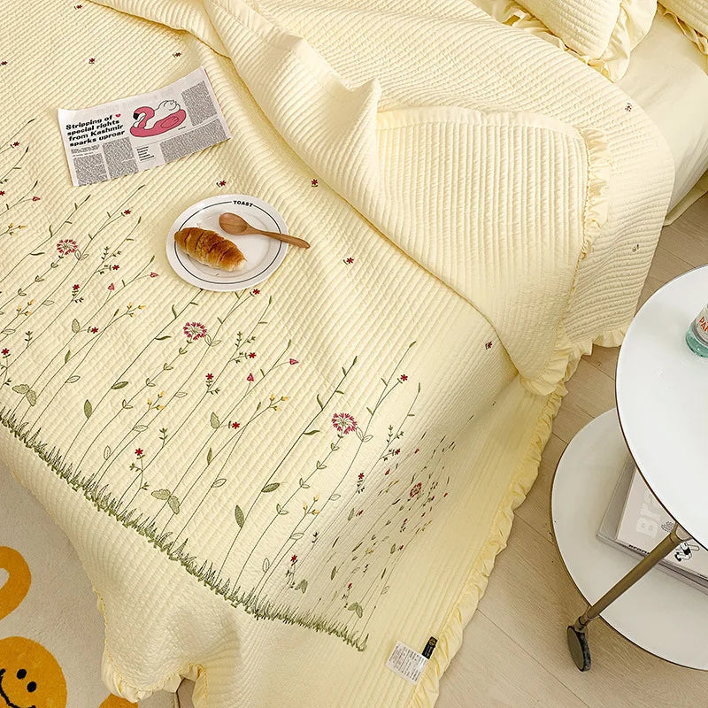 New Chiffon Summer Quilt Set Quilted Girl Heart Washed Cotton Ruffled Double Bed Cover
