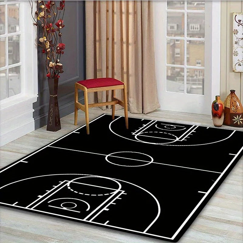 1pc Black Basketball Court Pattern Printed Floor Rug Bohemian Carpet
