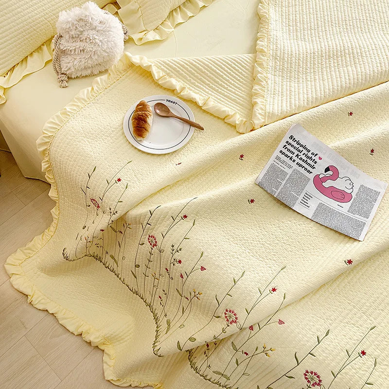 New Chiffon Summer Quilt Set Quilted Girl Heart Washed Cotton Ruffled Double Bed Cover