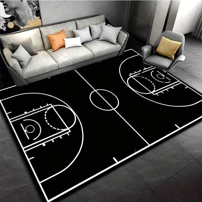1pc Black Basketball Court Pattern Printed Floor Rug Bohemian Carpet