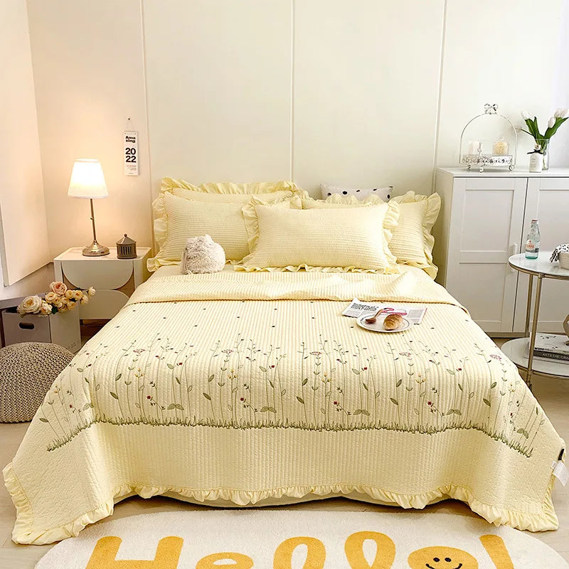 New Chiffon Summer Quilt Set Quilted Girl Heart Washed Cotton Ruffled Double Bed Cover
