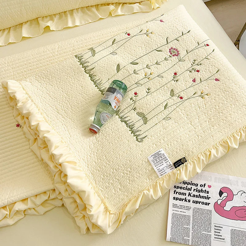New Chiffon Summer Quilt Set Quilted Girl Heart Washed Cotton Ruffled Double Bed Cover