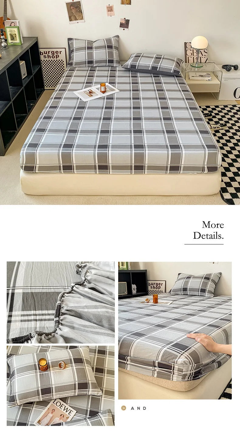 Plaid Style Fitted Sheet Skin-friendly Bed Cover Elastic Bedsheet