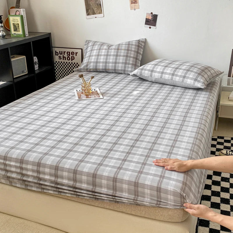 Plaid Style Fitted Sheet Skin-friendly Bed Cover Elastic Bedsheet