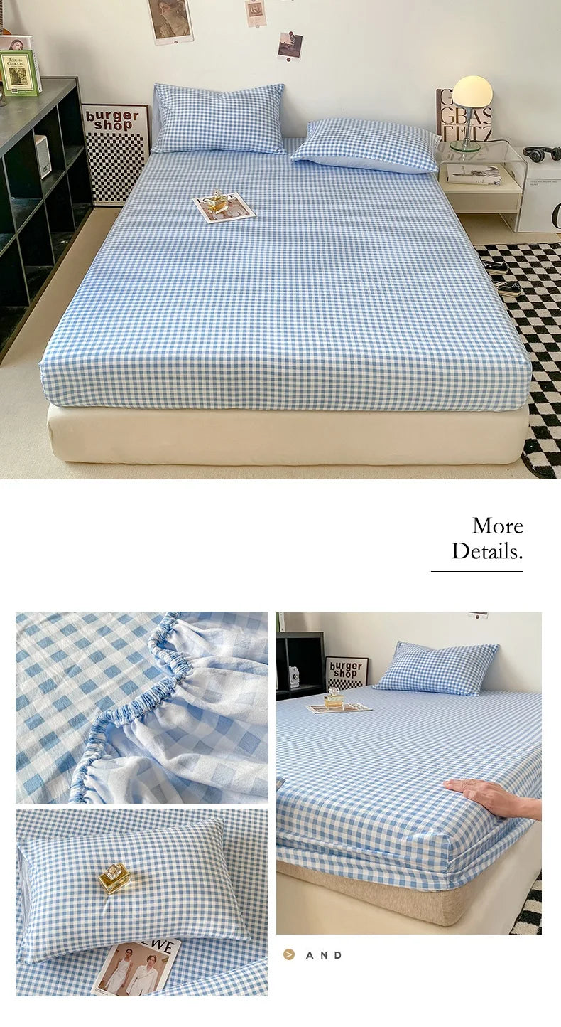 Plaid Style Fitted Sheet Skin-friendly Bed Cover Elastic Bedsheet