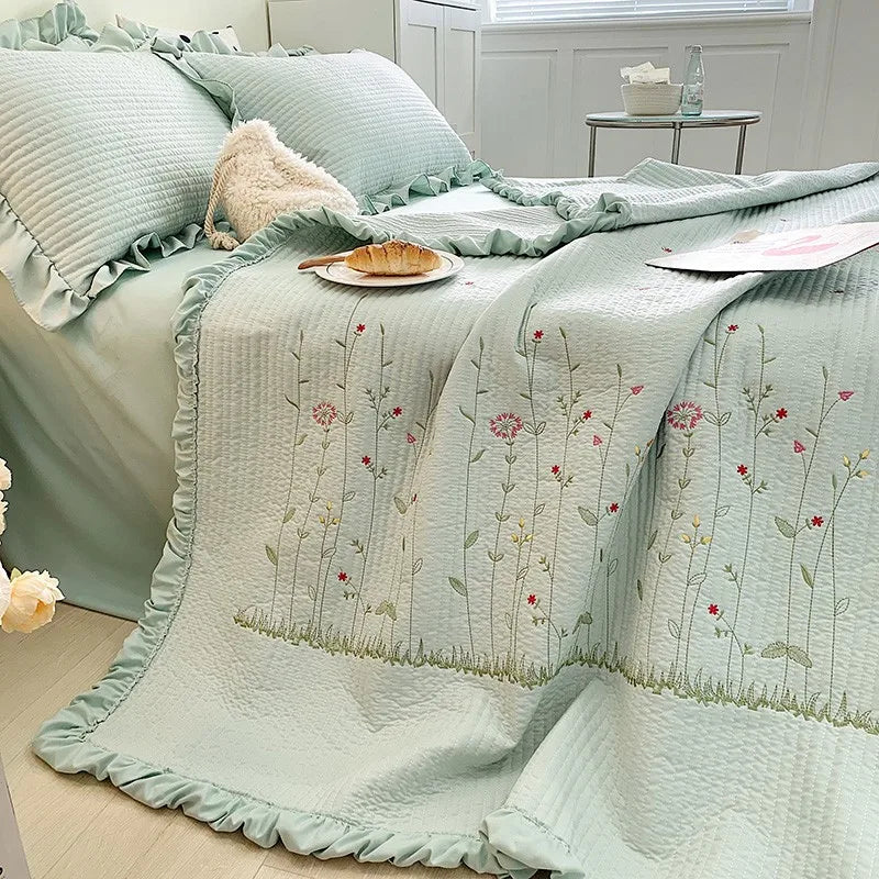 New Chiffon Summer Quilt Set Quilted Girl Heart Washed Cotton Ruffled Double Bed Cover