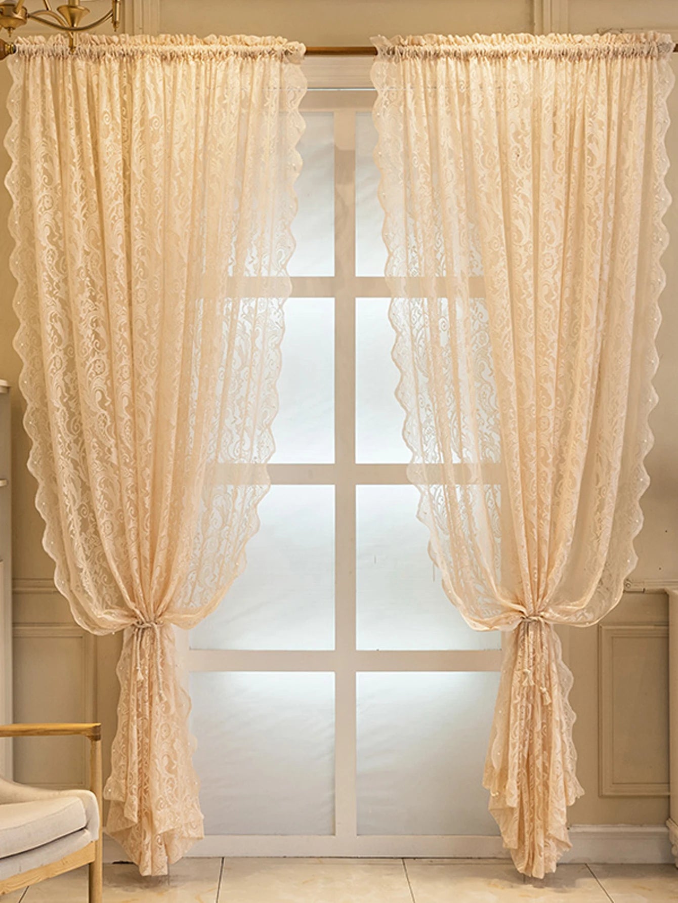 French New Style Lace Beaded Gauze Curtains Curtains 1PC