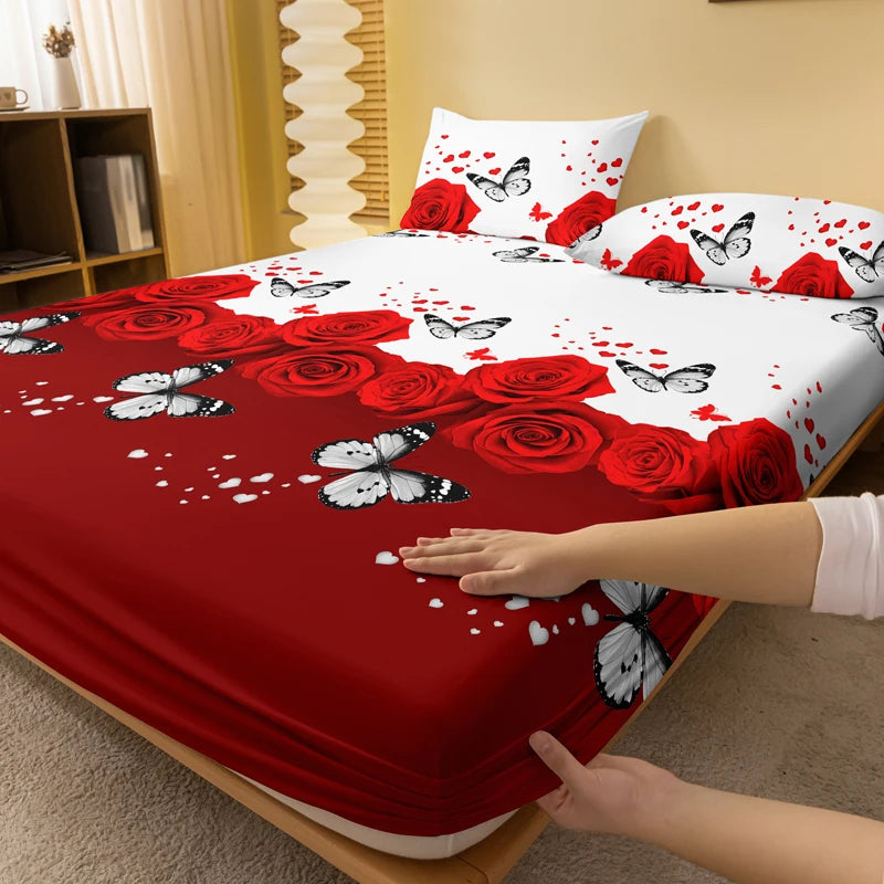 1 rose butterfly patterned frosted bedsheet, printed bed cover