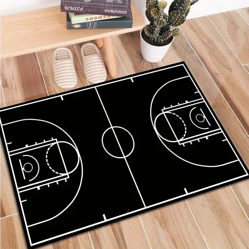 1pc Black Basketball Court Pattern Printed Floor Rug Bohemian Carpet