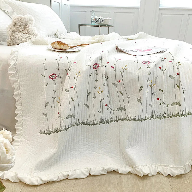 New Chiffon Summer Quilt Set Quilted Girl Heart Washed Cotton Ruffled Double Bed Cover