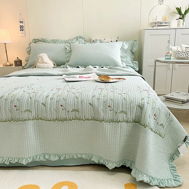 New Chiffon Summer Quilt Set Quilted Girl Heart Washed Cotton Ruffled Double Bed Cover