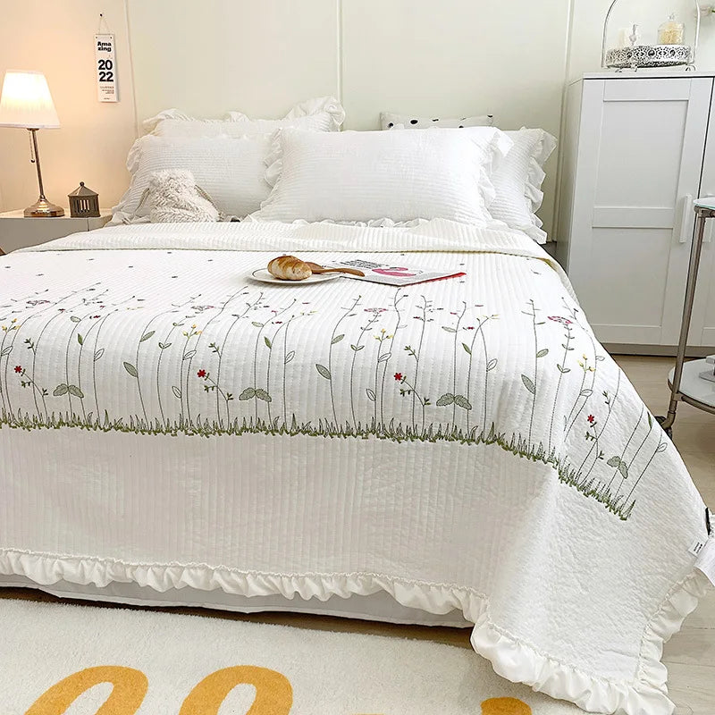 New Chiffon Summer Quilt Set Quilted Girl Heart Washed Cotton Ruffled Double Bed Cover