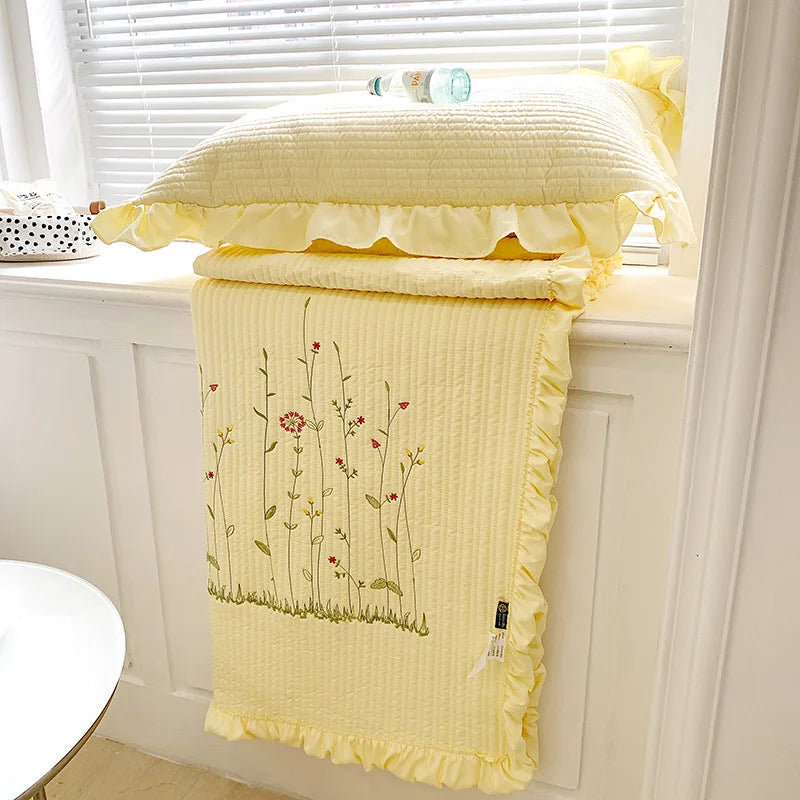 New Chiffon Summer Quilt Set Quilted Girl Heart Washed Cotton Ruffled Double Bed Cover