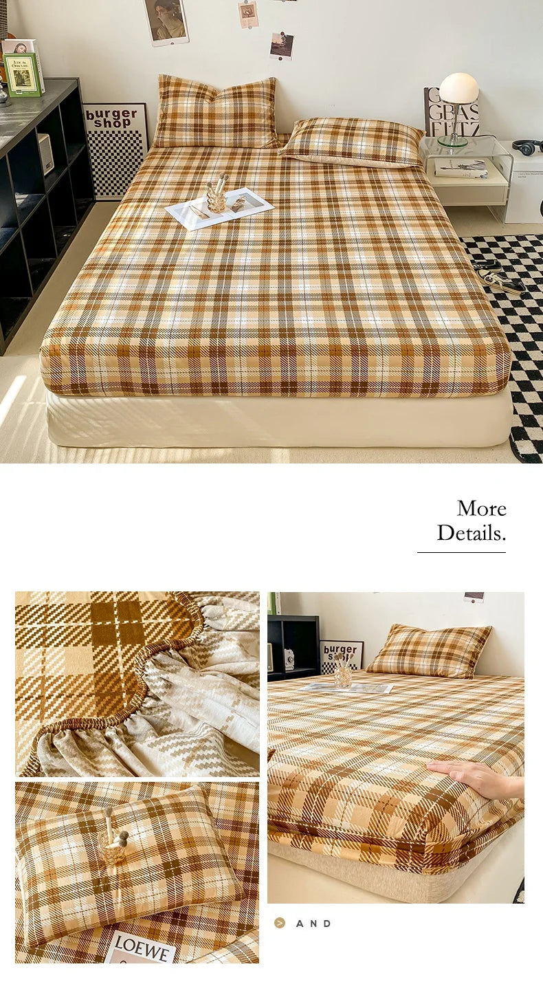 Plaid Style Fitted Sheet Skin-friendly Bed Cover Elastic Bedsheet