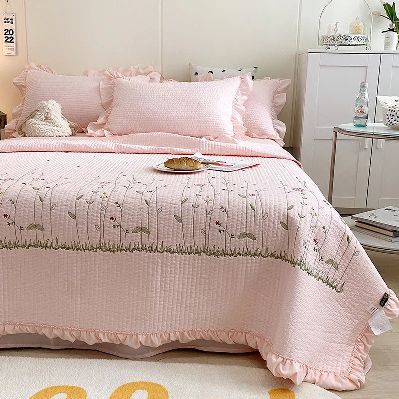 New Chiffon Summer Quilt Set Quilted Girl Heart Washed Cotton Ruffled Double Bed Cover