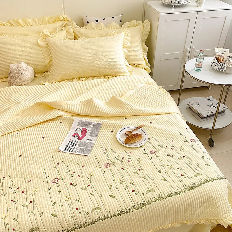 New Chiffon Summer Quilt Set Quilted Girl Heart Washed Cotton Ruffled Double Bed Cover