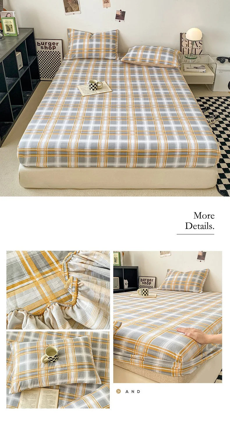 Plaid Style Fitted Sheet Skin-friendly Bed Cover Elastic Bedsheet