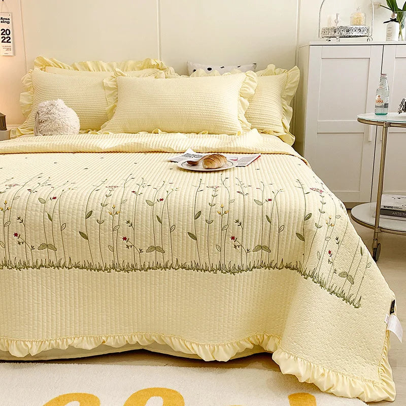 New Chiffon Summer Quilt Set Quilted Girl Heart Washed Cotton Ruffled Double Bed Cover