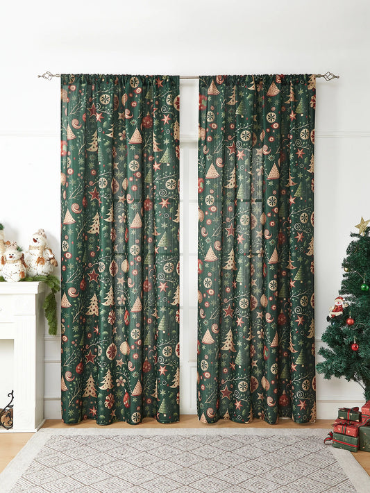Green Christmas tree gifts, curtains, holiday party atmosphere, curtains,