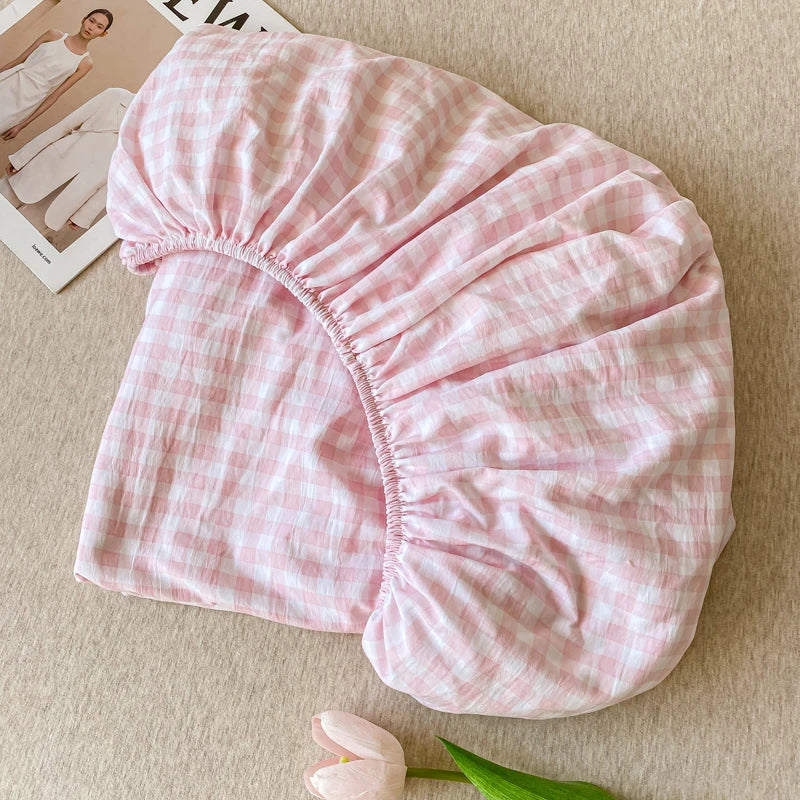 Plaid Style Fitted Sheet Skin-friendly Bed Cover Elastic Bedsheet