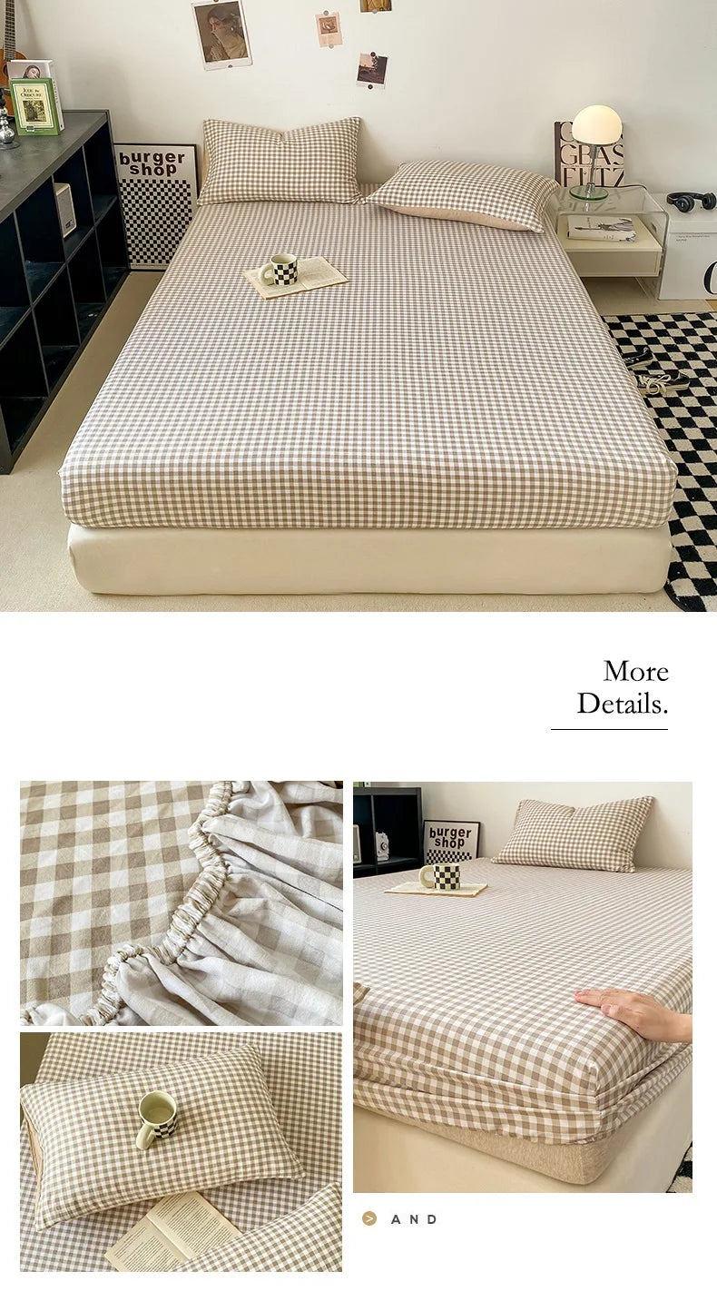 Plaid Style Fitted Sheet Skin-friendly Bed Cover Elastic Bedsheet