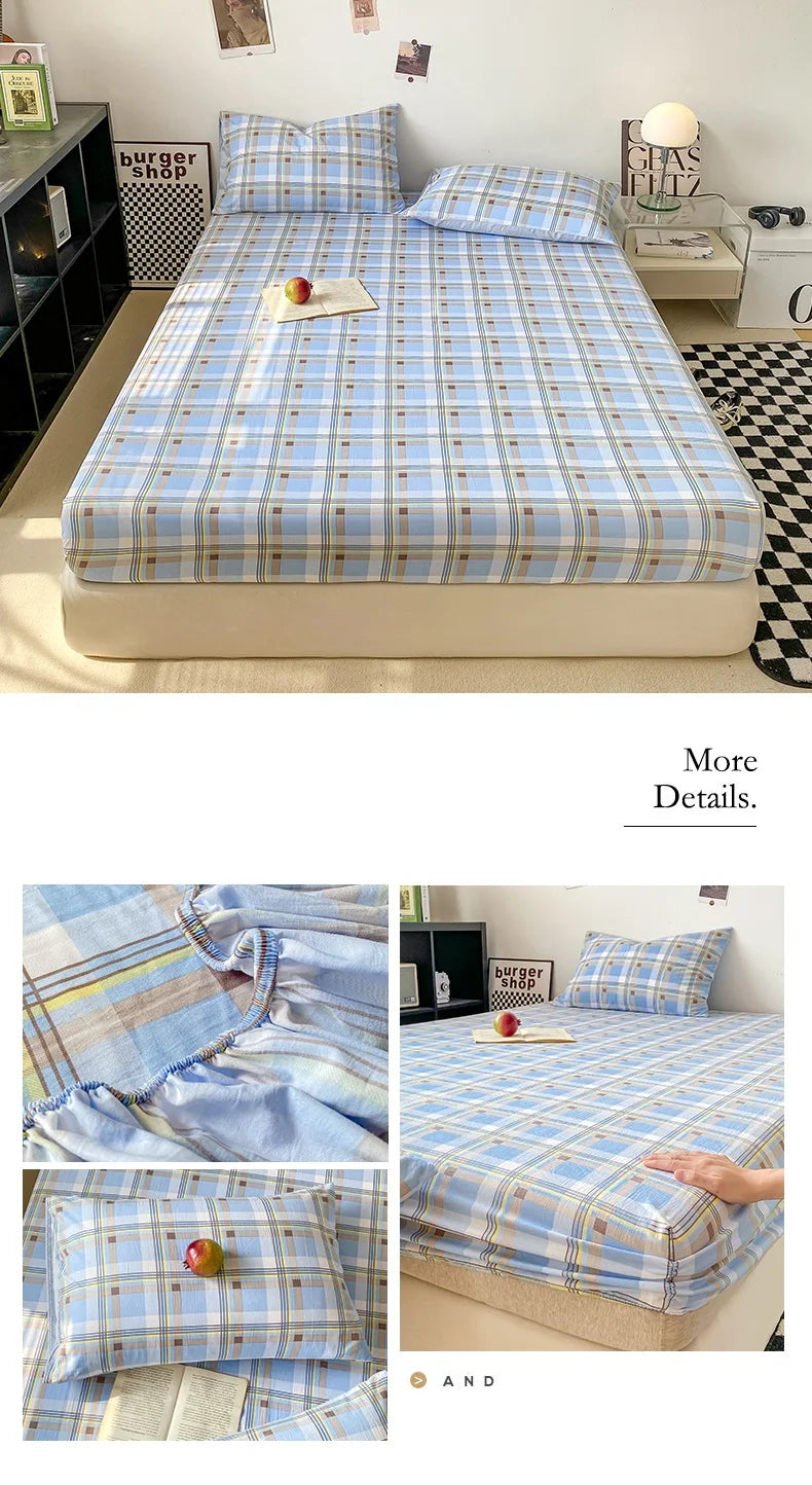 Plaid Style Fitted Sheet Skin-friendly Bed Cover Elastic Bedsheet