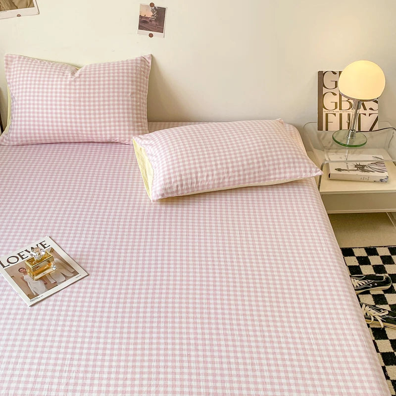 Plaid Style Fitted Sheet Skin-friendly Bed Cover Elastic Bedsheet