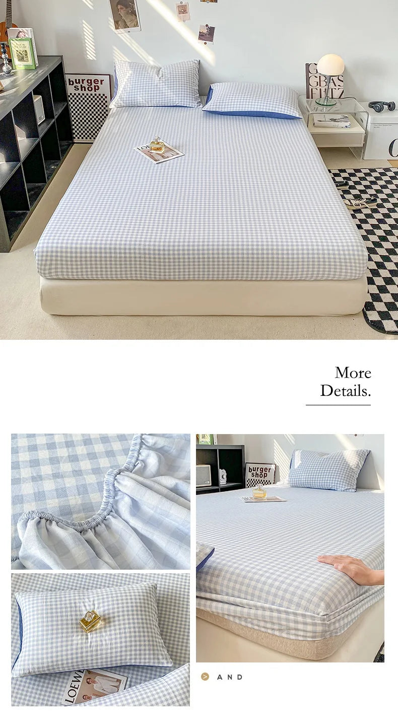 Plaid Style Fitted Sheet Skin-friendly Bed Cover Elastic Bedsheet