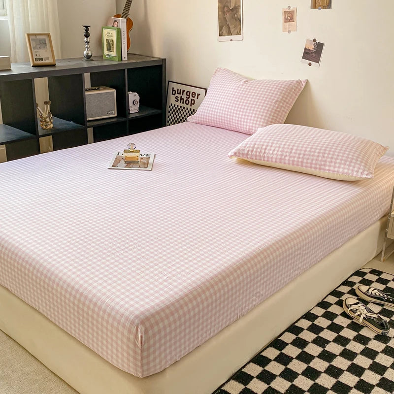 Plaid Style Fitted Sheet Skin-friendly Bed Cover Elastic Bedsheet