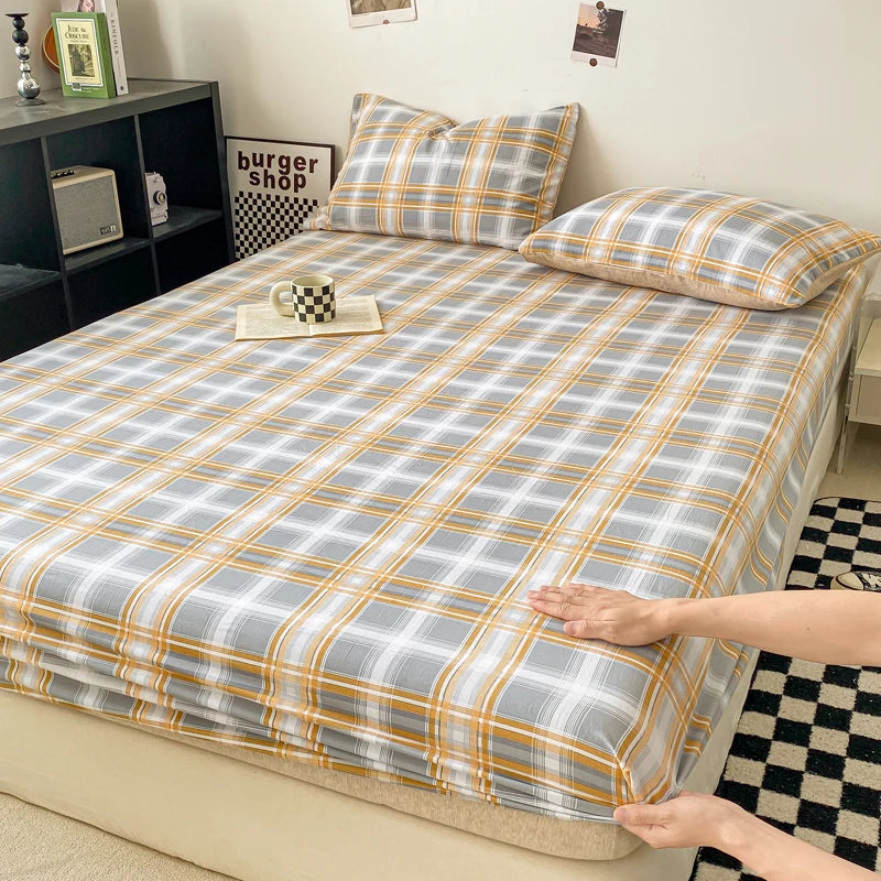 Plaid Style Fitted Sheet Skin-friendly Bed Cover Elastic Bedsheet