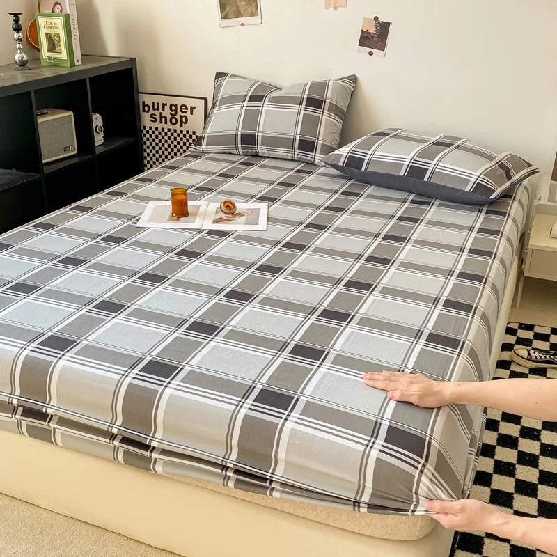 Plaid Style Fitted Sheet Skin-friendly Bed Cover Elastic Bedsheet