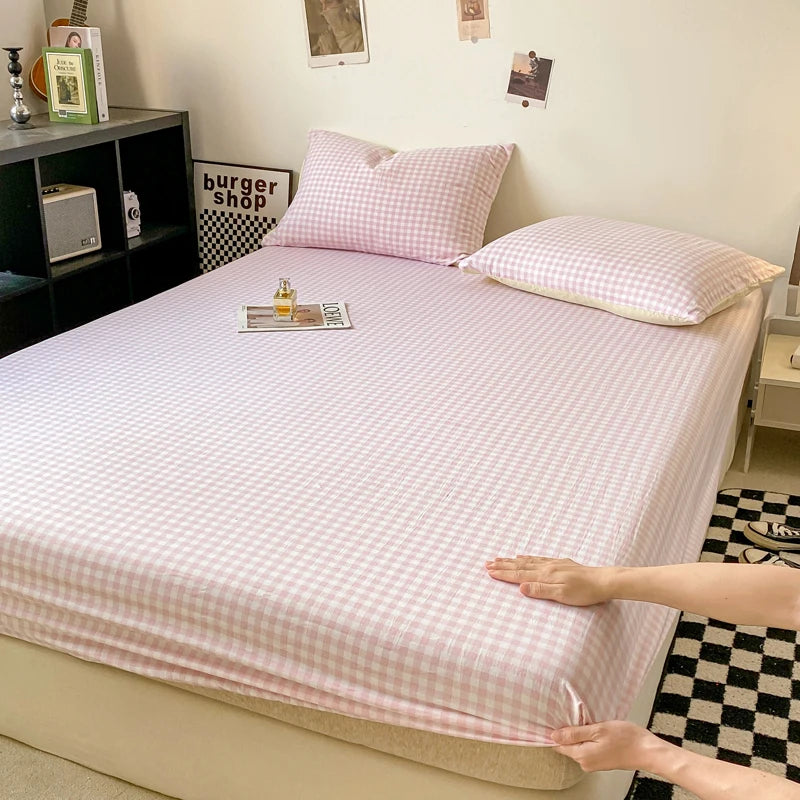 Plaid Style Fitted Sheet Skin-friendly Bed Cover Elastic Bedsheet