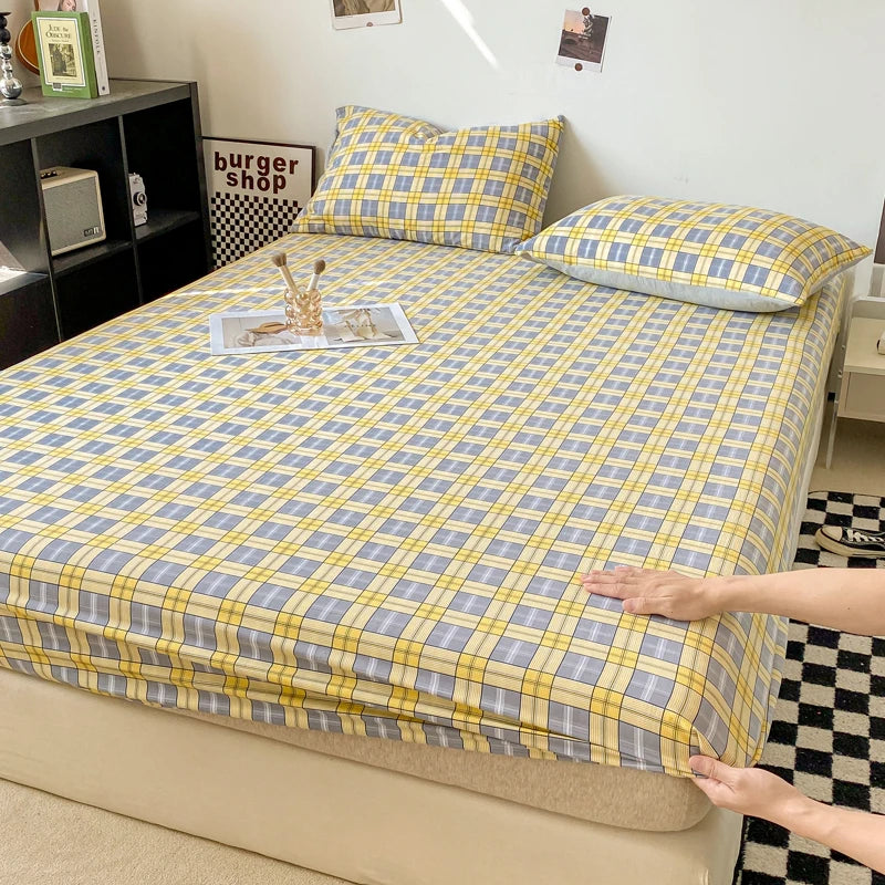 Plaid Style Fitted Sheet Skin-friendly Bed Cover Elastic Bedsheet