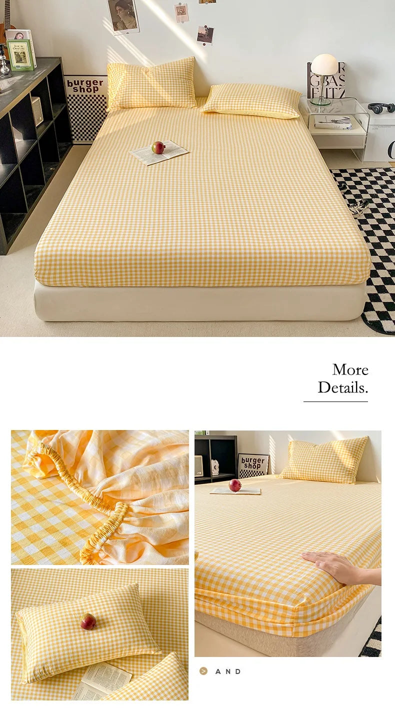Plaid Style Fitted Sheet Skin-friendly Bed Cover Elastic Bedsheet