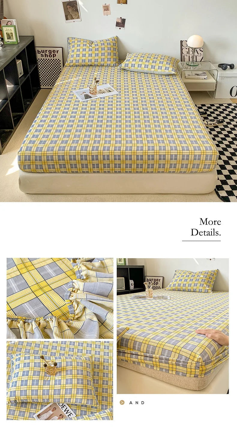 Plaid Style Fitted Sheet Skin-friendly Bed Cover Elastic Bedsheet
