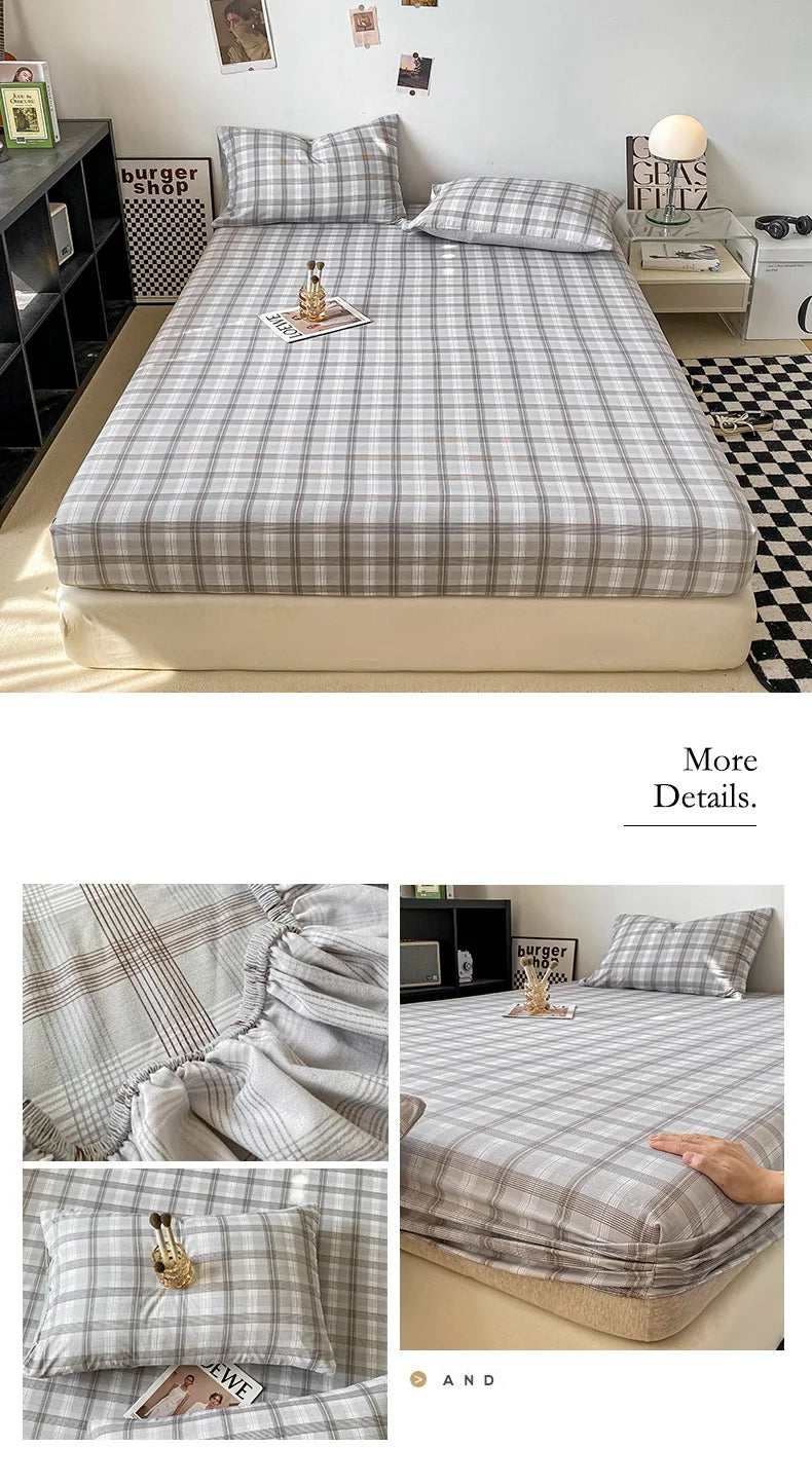 Plaid Style Fitted Sheet Skin-friendly Bed Cover Elastic Bedsheet