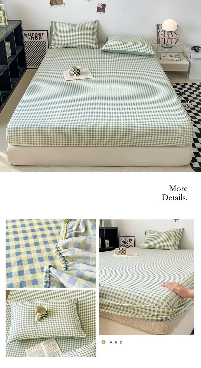 Plaid Style Fitted Sheet Skin-friendly Bed Cover Elastic Bedsheet