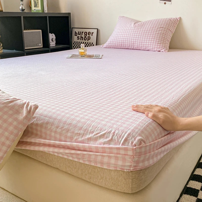 Plaid Style Fitted Sheet Skin-friendly Bed Cover Elastic Bedsheet