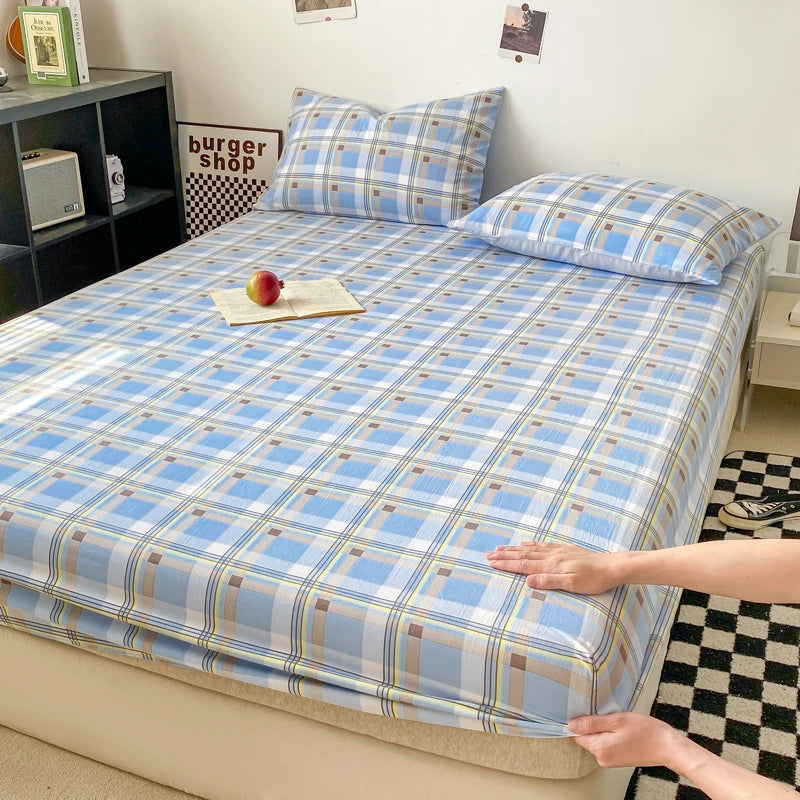 Plaid Style Fitted Sheet Skin-friendly Bed Cover Elastic Bedsheet